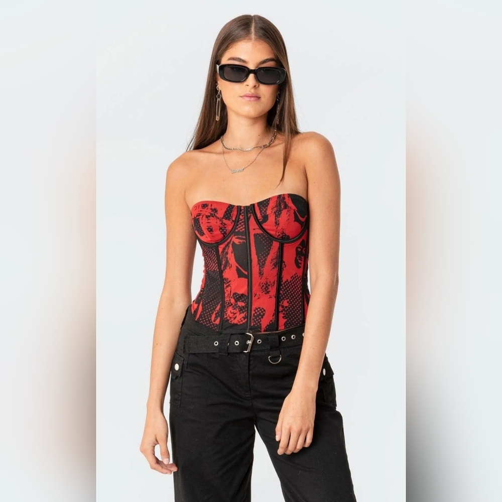 Womens Corset Bustier Top Edikted Aly Red & Black Mesh NWT Size Small